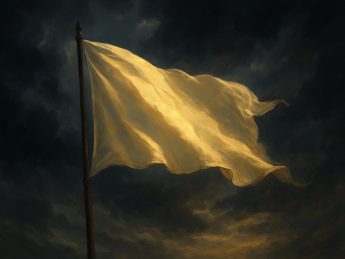 Golden banner waving in the wind under a dark stormy sky, glowing with sunlight.