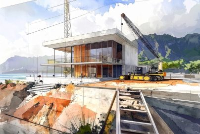 Architectural concept art of a modern glass and concrete building under construction near the coast, with cranes, machinery, and mountains in the background.