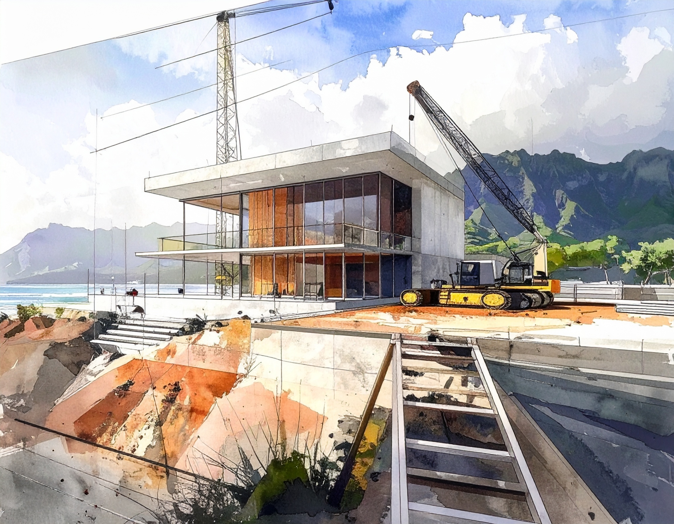 Architectural concept art of a modern glass and concrete building under construction near the coast, with cranes, machinery, and mountains in the background.