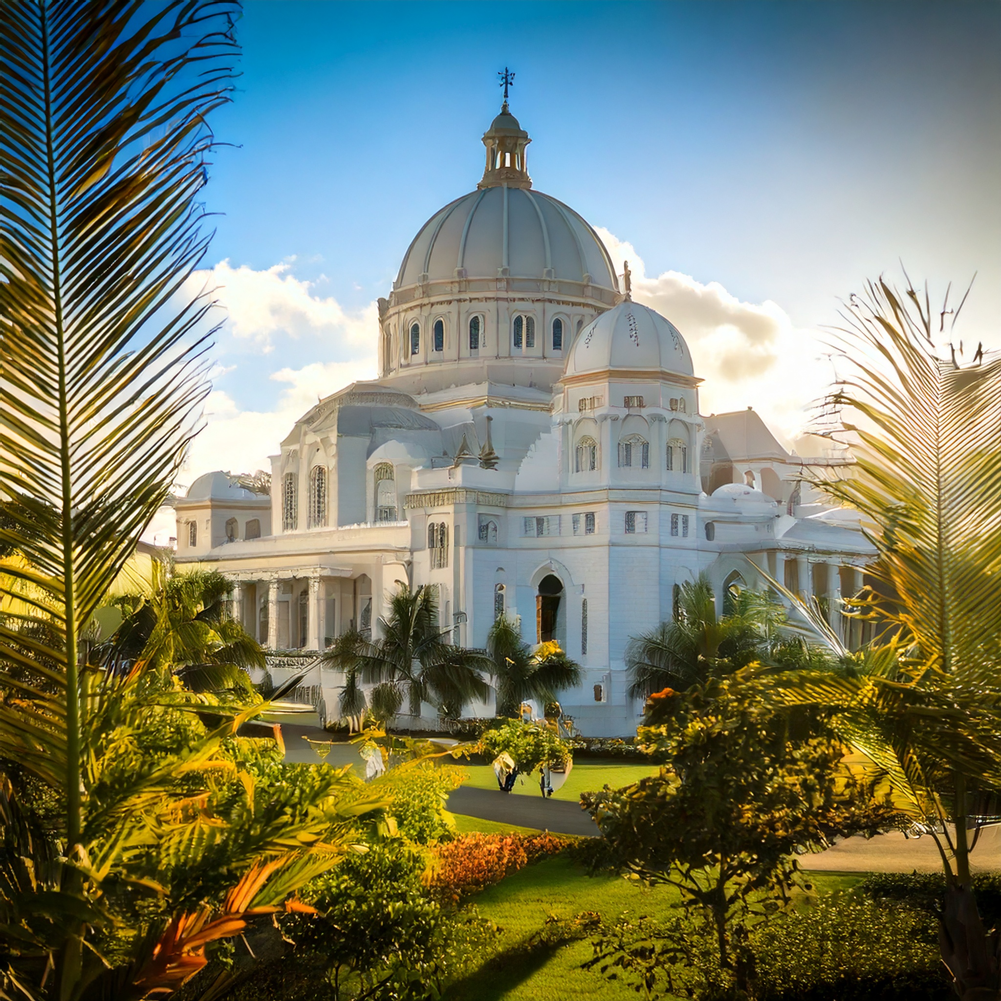 Architectural concept art of the Kingdom of Hawaiʻi Peace Center, a grand white domed building surrounded by palm trees and lush gardens.