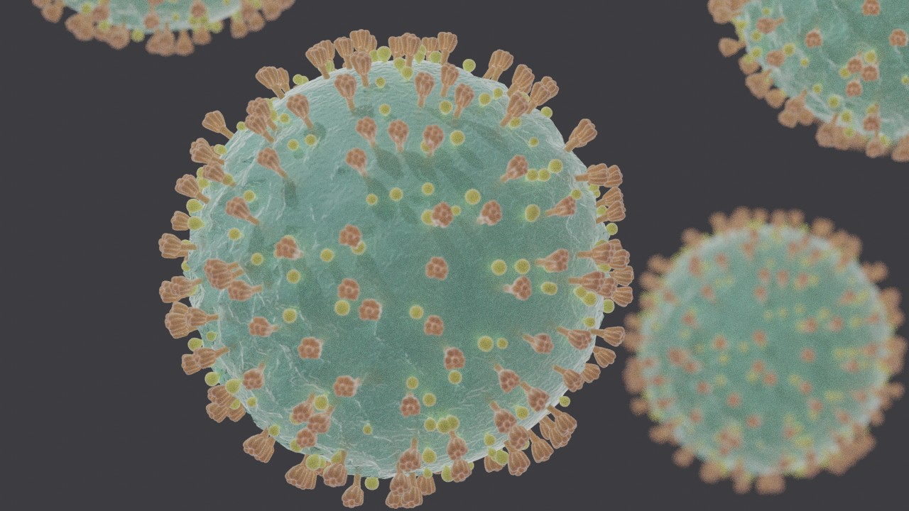 Microscopic 3D rendering of the coronavirus SARS-CoV-2, showing its spherical structure with spike proteins.