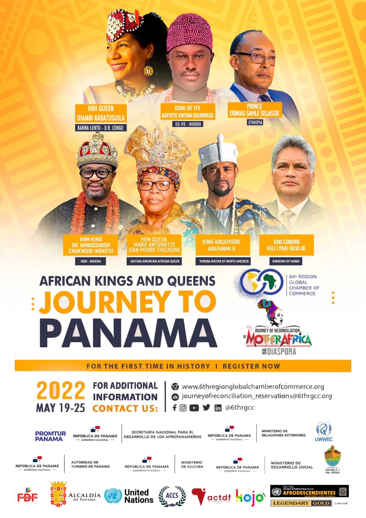 Event flyer for “African Kings and Queens: Journey to Panama,” featuring portraits of royal leaders from Africa, the diaspora, and the Kingdom of Hawaiʻi, with event details and sponsors.