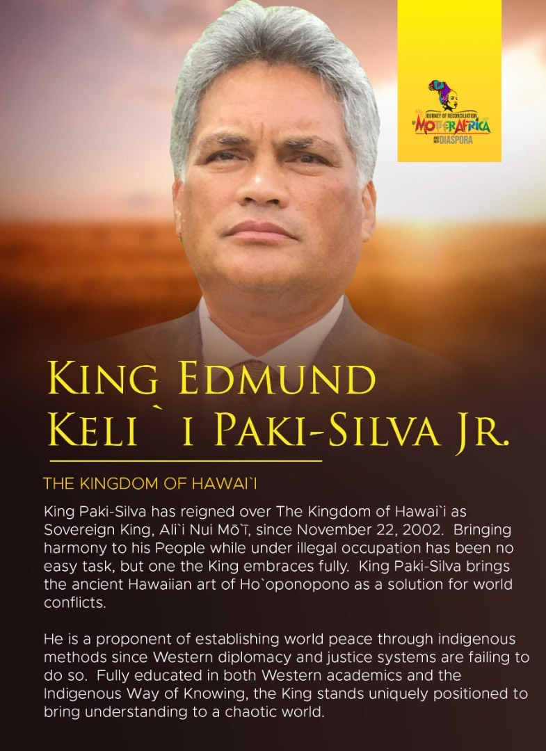 Flyer highlighting King Edmund Keliʻi Paki-Silva Jr. of the Kingdom of Hawaiʻi for the Journey to Panama event, with his portrait and biography text.