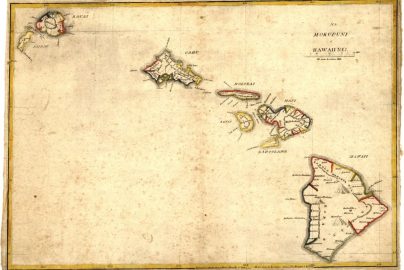Antique map of the Hawaiian Islands titled "Nā Mokupuni o Hawaiʻi Nei," showing Kauaʻi, Niʻihau, Oʻahu, Molokaʻi, Lānaʻi, Maui, Kahoʻolawe, and Hawaiʻi Island with hand-drawn borders and labels.