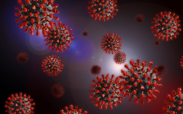 3D illustration of coronavirus particles showing red spike proteins on a dark background.