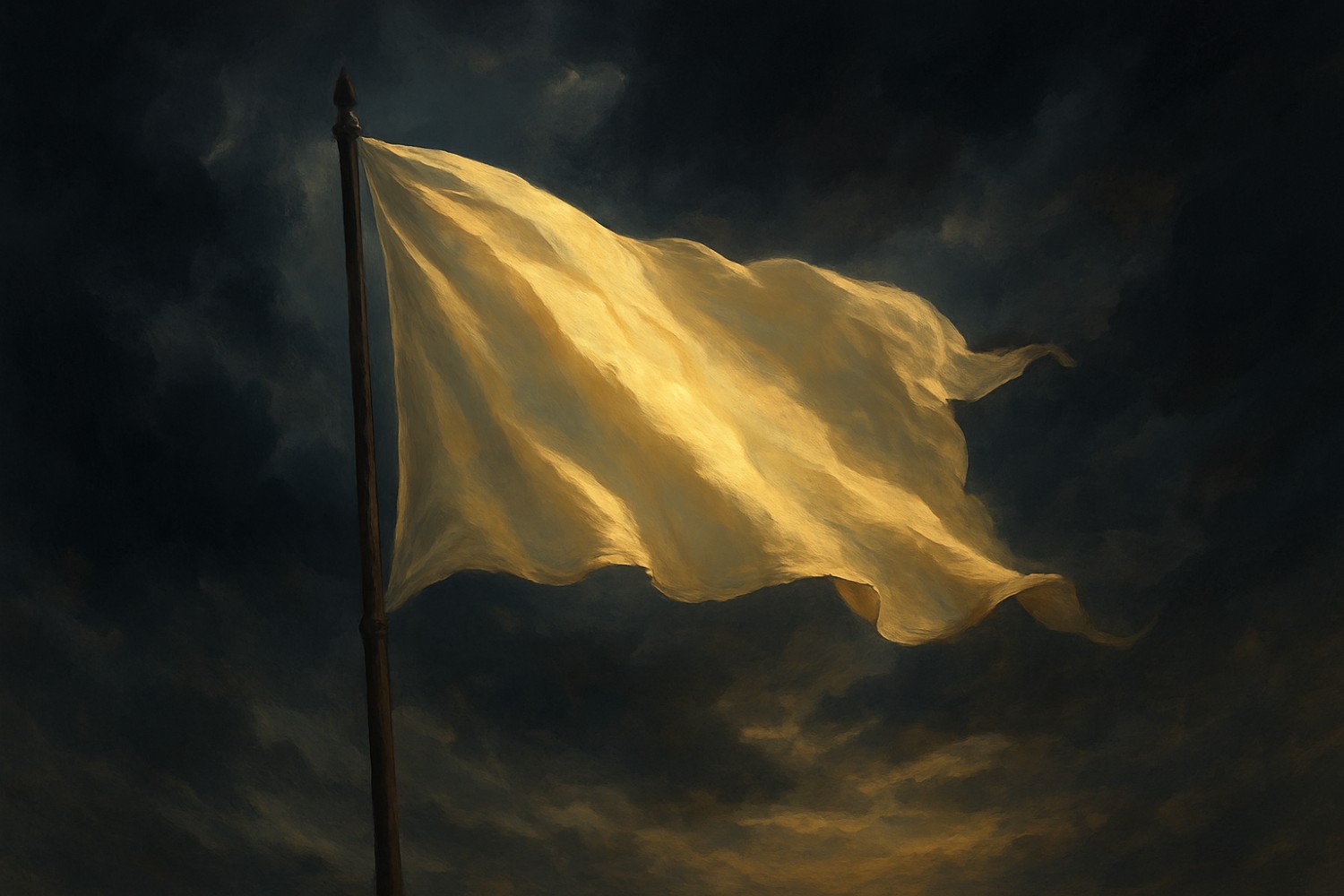 Golden banner waving in the wind under a dark stormy sky, glowing with sunlight.