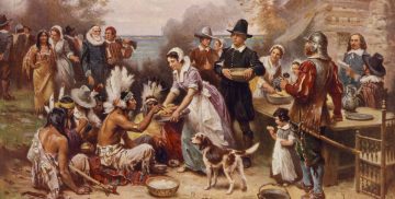 Thanksgiving events have been held in the United States since colonial times. This 20th century artist’s rendering depicts a feast of Thanksgiving that is commonly believed to have been celebrated between English settlers and Native Americans in 1621. President George Washington proclaimed the first nation-wide Thanksgiving on November 27, 1789. Today in the U.S. Thanksgiving is celebrated on the fourth Thursday of November. [Painting by JLG Ferris, 1932 / Library of Congress.]