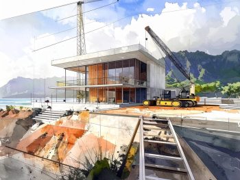 Architectural concept art of a modern glass and concrete building under construction near the coast, with cranes, machinery, and mountains in the background.