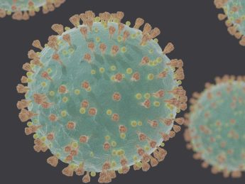 Microscopic 3D rendering of the coronavirus SARS-CoV-2, showing its spherical structure with spike proteins.