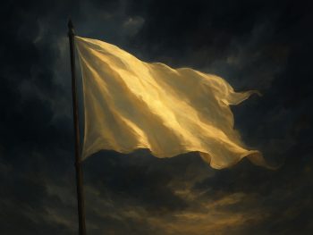 Golden banner waving in the wind under a dark stormy sky, glowing with sunlight.