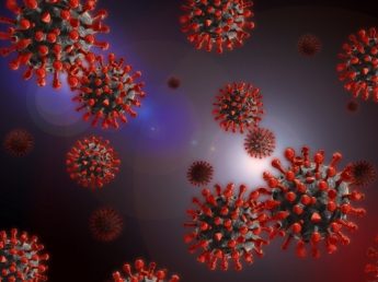 3D illustration of coronavirus particles showing red spike proteins on a dark background.